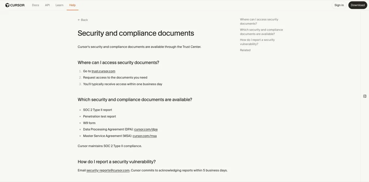 Het Cursor-helpartikel Security and compliance documents met de lijst van opvraagbare documenten: SOC 2 Type II-rapport, penetratietestrapport, W9-formulier, de verwerkersovereenkomst en de Master Service Agreement, aan te vragen via trust.cursor.com.