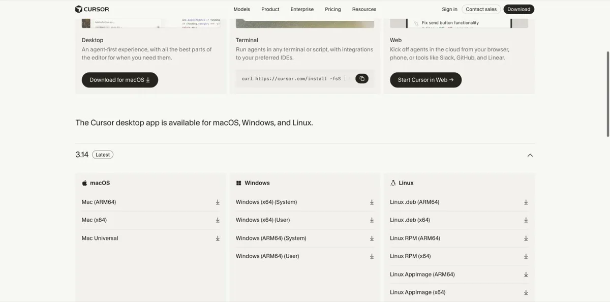 De officiele downloadpagina van Cursor met versie 3.14 gemarkeerd als Latest, en downloadopties per besturingssysteem: macOS in ARM64, x64 en Universal, Windows in x64 en ARM64 voor systeem- en gebruikersinstallatie, en Linux als .deb, RPM en AppImage.