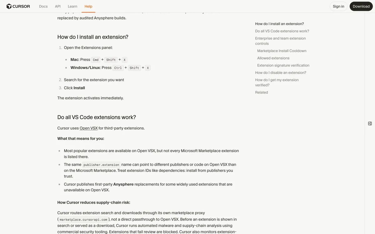 De officiele extensiedocumentatie van Cursor met de beheerderscontroles voor teams: install cooldown waarmee installaties worden uitgesteld tot een versie een minimaal aantal uur gepubliceerd is, een allowlist via de MDM-policy AllowedExtensions, en de eis van een geldige Open VSX-handtekening voor installatie.
