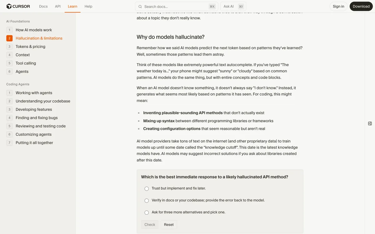 De officiele lespagina van Cursor over hallucinatie, met de definitie dat een AI-model met vertrouwen informatie genereert die plausibel lijkt maar onjuist is, een codevoorbeeld van een niet-bestaande import uit React, en de conclusie dat elke suggestie een startpunt is en geen eindantwoord.