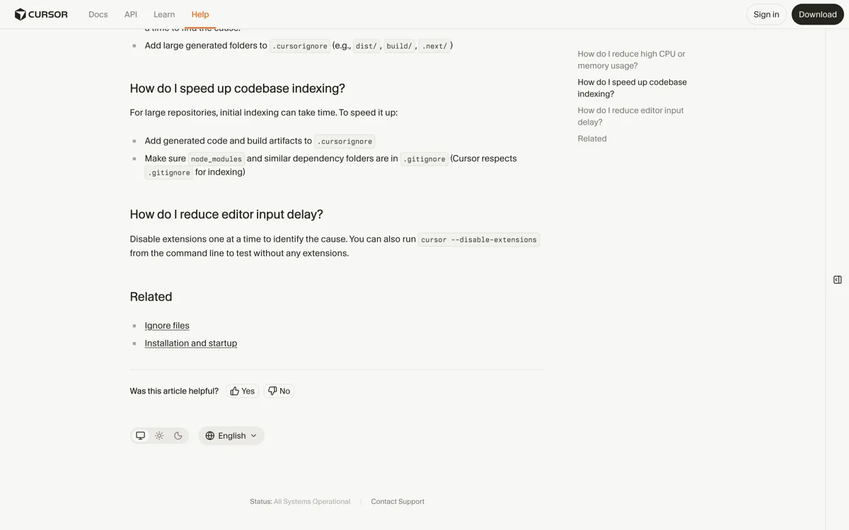 De officiele prestatiepagina van Cursor met het advies om codebase-indexering te versnellen door gegenereerde code en build-artefacten zoals dist, build en punt next aan het bestand cursorignore toe te voegen en dependency-mappen in gitignore te houden.