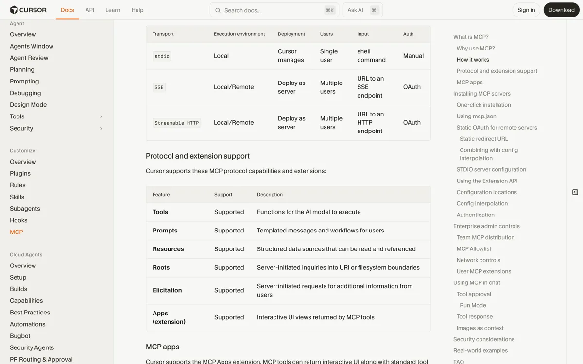 De officiele MCP-documentatie van Cursor met de drie transportmethoden stdio, SSE en Streamable HTTP en hun omgeving en beheer, en de vermelding dat Cursor standaard om goedkeuring vraagt voordat het een MCP-tool gebruikt.