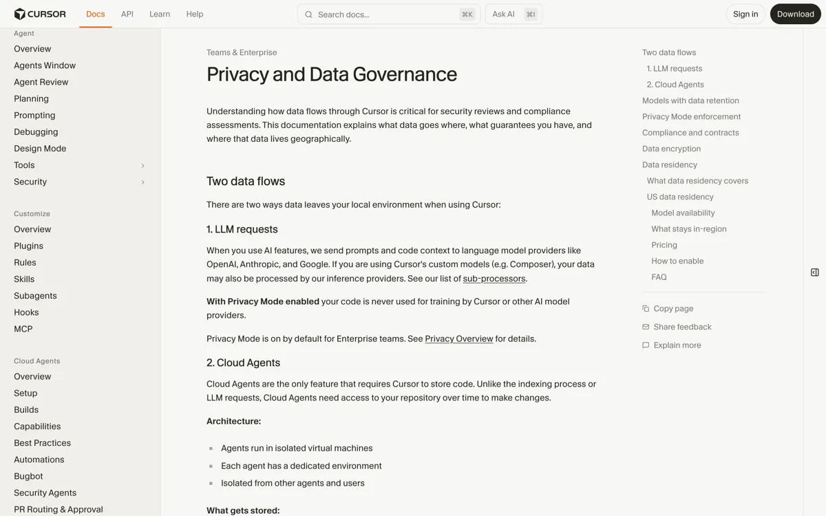 De sectie Models with data retention in de enterprise-documentatie van Cursor, waarin staat dat een klein aantal modellen dataretentie bij de aanbieder vereist, dat die modellen standaard uitstaan en dat een beheerder het retentiebeleid eerst moet goedkeuren voordat verzoeken naar dat model slagen.