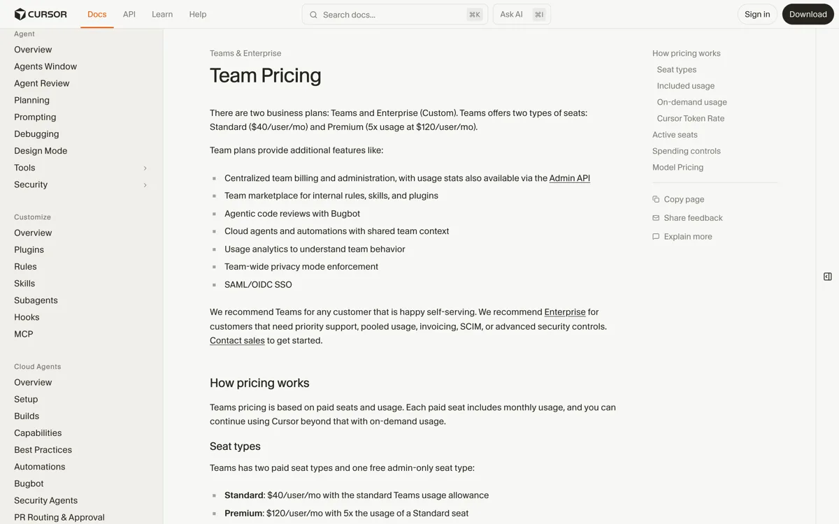 De officiele Team Pricing-documentatie van Cursor met de modelprijzen per miljoen tokens voor onder meer Composer 2.5, GPT-5 Mini, Gemini 2.5 Flash, Claude 4.5 Haiku, Claude 4.5 Sonnet, Grok 4.5, GPT-5.5 en Claude Fable 5, en de Cursor Token Rate van 25 dollarcent per miljoen tokens op verzoeken naar modellen van derden.