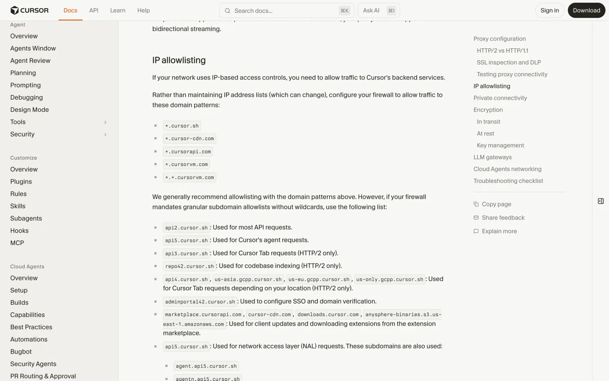 De enterprise-documentatie van Cursor over netwerkconfiguratie, met de domeinpatronen cursor.sh, cursor-cdn.com, cursorapi.com en cursorvm.com die op de allowlist moeten, de eis van TLS 1.2 of hoger, en de waarschuwing dat sommige bedrijfsproxy-s zoals Zscaler HTTP/2-streaming niet correct ondersteunen.