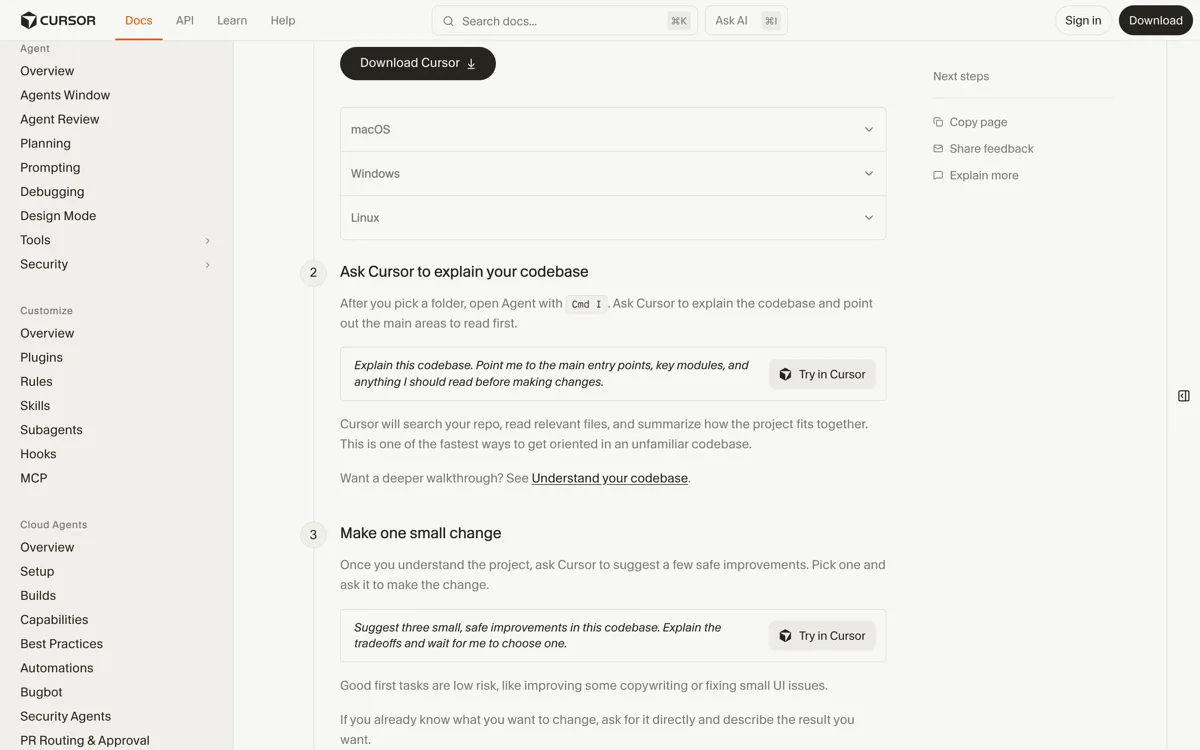 De officiele quickstart van Cursor met de platformvereisten macOS 12 Monterey en later, Windows 10 en later en drie Linux-installatieroutes, met de opmerking dat de apt- en yum-pakketten de voorkeur hebben boven de AppImage omdat die desktopiconen, automatische updates en CLI-tools meebrengen.
