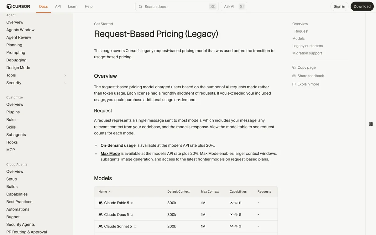 De officiele documentatie van Cursor over het requestgebaseerde prijsmodel, met de vermelding dat dit het verouderde model is dat gold voor de overstap naar verbruiksgebaseerde facturering en dat on-demand gebruik en Max Mode destijds op het API-tarief plus 20 procent werden afgerekend.