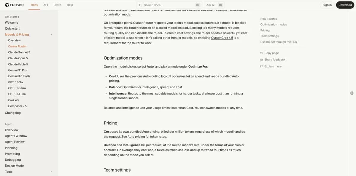 De drie optimalisatiemodi van Cursor Router in de officiele documentatie: Cost gebruikt de oude Auto-routering met gebundelde prijzen, Balance optimaliseert op intelligentie, snelheid en kosten, en Intelligence stuurt naar de meest capabele modellen. Balance en Intelligence kosten gemiddeld twee keer zoveel als Cost.