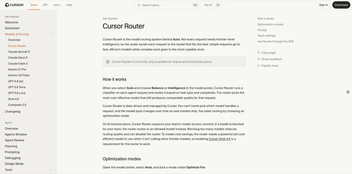 De documentatiepagina Cursor Router van Cursor met de melding dat Cursor Router op dit moment alleen beschikbaar is op Teams- en Enterprise-plannen.