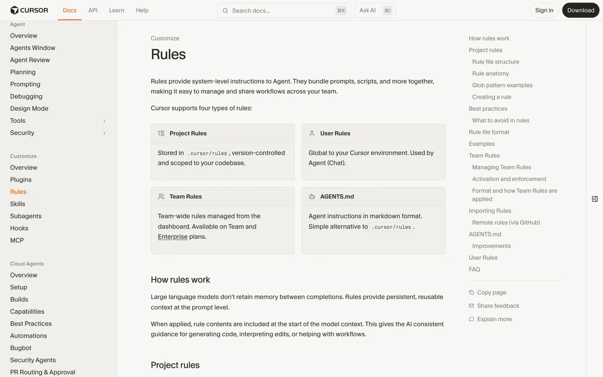De officiele rules-documentatie van Cursor met de vermelding dat een gewoon markdownbestand in de map .cursor/rules genegeerd wordt omdat het geen frontmatter heeft voor description, globs en alwaysApply, en met de vier soorten rules en hun voorrangsvolgorde van team rules boven project rules boven user rules.