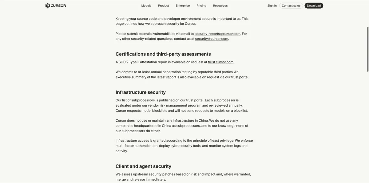 De securitypagina van Cursor met de sectie Certifications and third-party assessments, waarin staat dat een SOC 2 Type II-attestatierapport op aanvraag beschikbaar is via trust.cursor.com en dat Cursor geen infrastructuur in China gebruikt of onderhoudt.