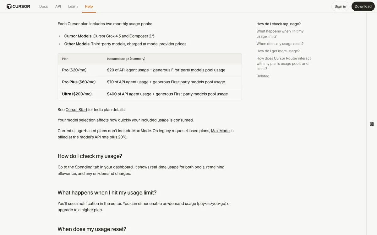 De officiele helppagina van Cursor over verbruik en limieten, met de twee gescheiden maandelijkse potjes voor Cursor Models en voor modellen van derden, de inbegrepen bedragen van 20 dollar bij Pro, 70 dollar bij Pro Plus en 400 dollar bij Ultra, en de vermelding dat verbruik maandelijks reset en niet doorrolt.