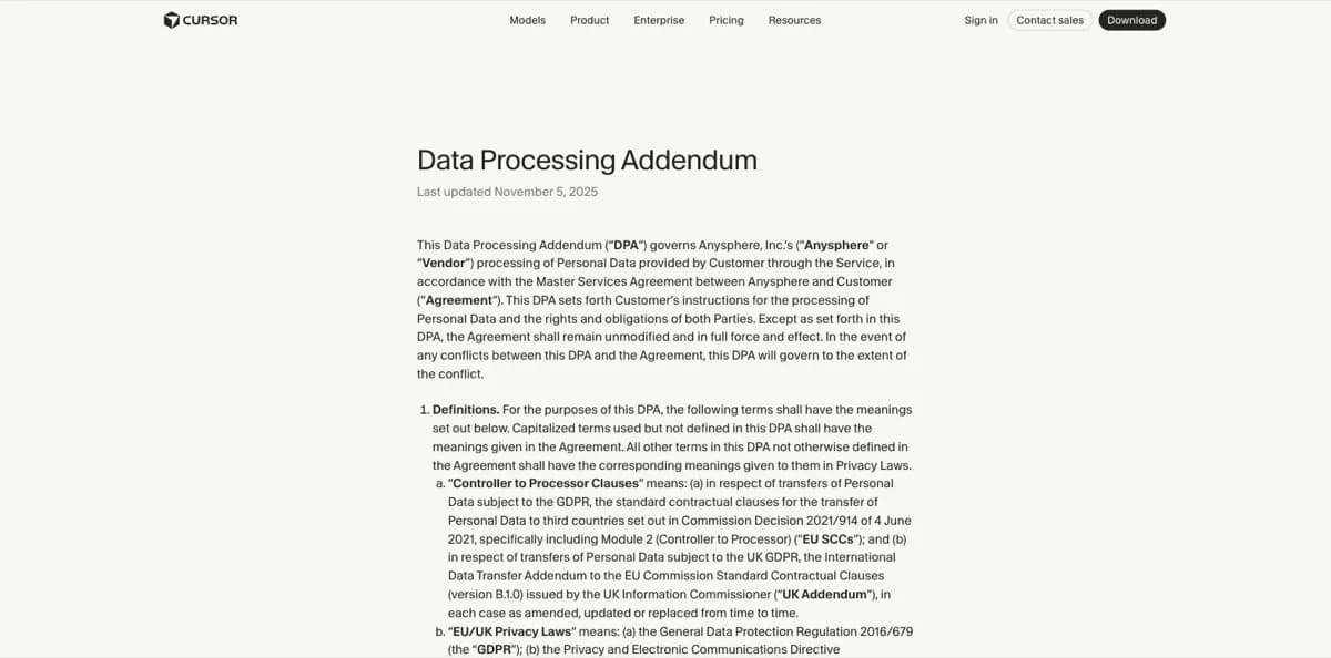 Het Data Processing Addendum van Cursor waarin Anysphere, Inc. als verwerker wordt genoemd, met verwijzingen naar de EU-modelcontractbepalingen uit Commissiebesluit 2021/914 module 2 en naar de AVG en de UK GDPR.