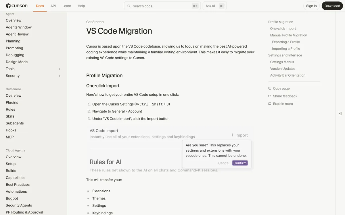 De officiele migratiedocumentatie van Cursor met het klikpad om je VS Code-configuratie te importeren via Cursor Settings, General en Account en de knop Import onder VS Code Import, en de opsomming dat extensies, thema-s, instellingen en keybindings worden overgenomen.