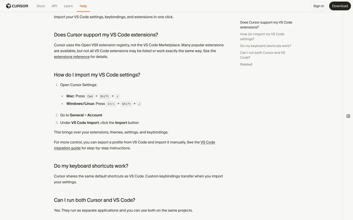 De officiele helppagina van Cursor over migreren vanuit VS Code, met de vermelding dat Cursor de Open VSX-registry gebruikt en niet de VS Code Marketplace, dat Cursor dezelfde standaardsneltoetsen als VS Code deelt, en het antwoord dat je Cursor en VS Code als losse applicaties naast elkaar op dezelfde projecten kunt gebruiken.