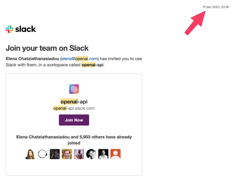 OpenAI Slack invite, uitgenodigd door OpenAI op 19 december 2020